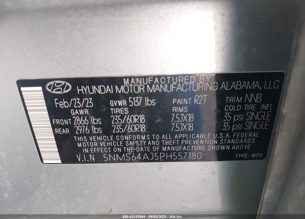 2023 HYUNDAI SANTA FE VIN: 5NMS64AJ5PH557180