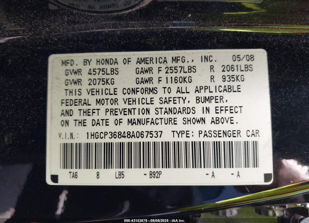 2008 HONDA ACCORD 3.5 EX-L VIN: 1HGCP36848A067537
