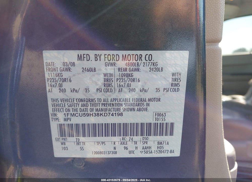 2008 FORD ESCAPE HYBRID VIN: 1FMCU59H38KD74198