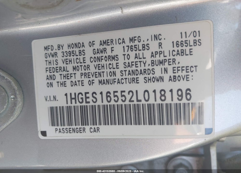 2002 HONDA CIVIC LX VIN: 1HGES16552L018196