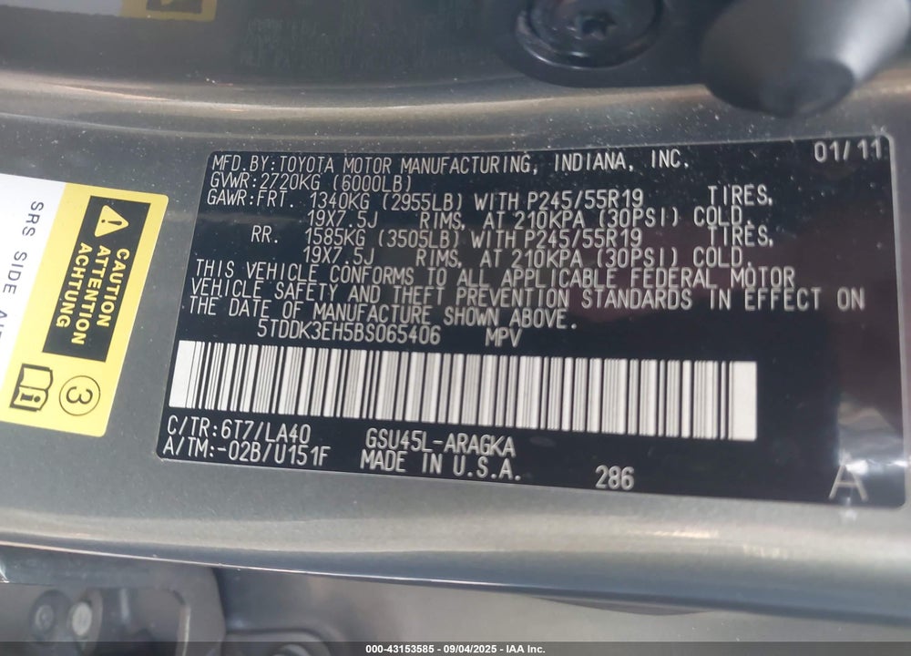 2011 TOYOTA HIGHLANDER VIN: 5TDDK3EH5BS065406