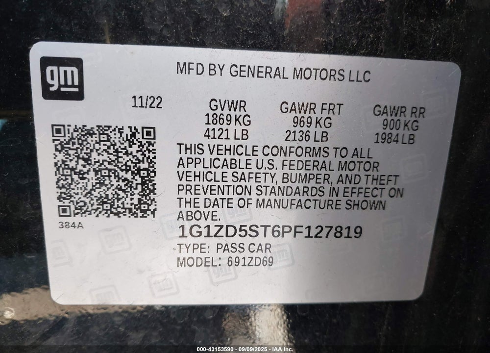 2023 CHEVROLET MALIBU VIN: 1G1ZD5ST6PF127819
