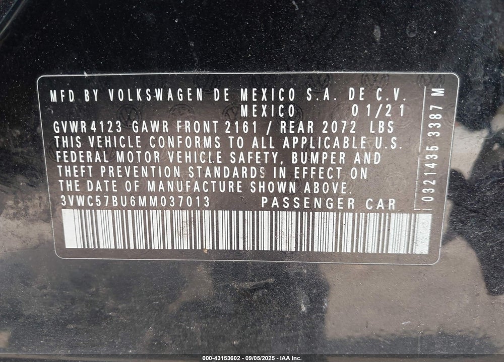 2021 VOLKSWAGEN JETTA VIN: 3VWC57BU6MM037013