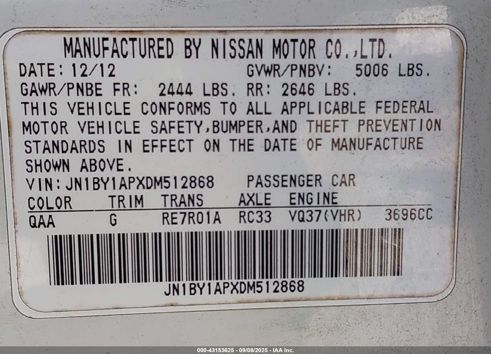 2013 INFINITI M37 VIN: JN1BY1APXDM512868