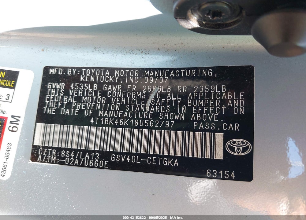 2008 TOYOTA CAMRY XLE V6 VIN: 4T1BK46K18U562797