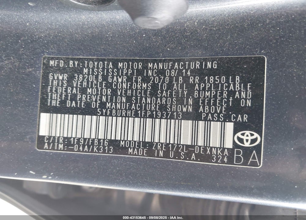 2015 TOYOTA COROLLA VIN: 5YFBURHE1FP193713