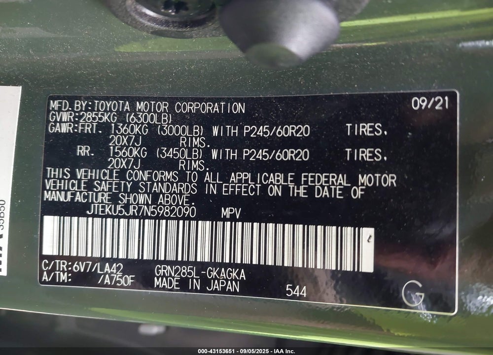 2022 TOYOTA 4RUNNER LIMITED VIN: JTEKU5JR7N5982090