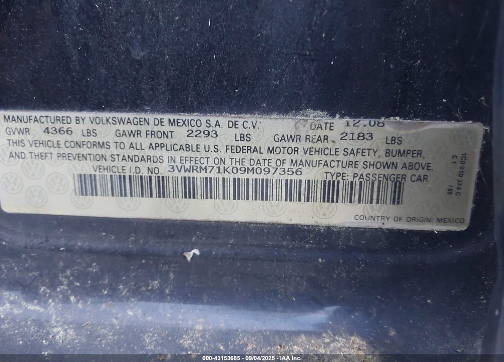 2009 VOLKSWAGEN JETTA VIN: 3VWRM71K09M097356