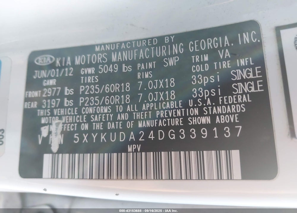 2013 KIA SORENTO VIN: 5XYKUDA24DG339137