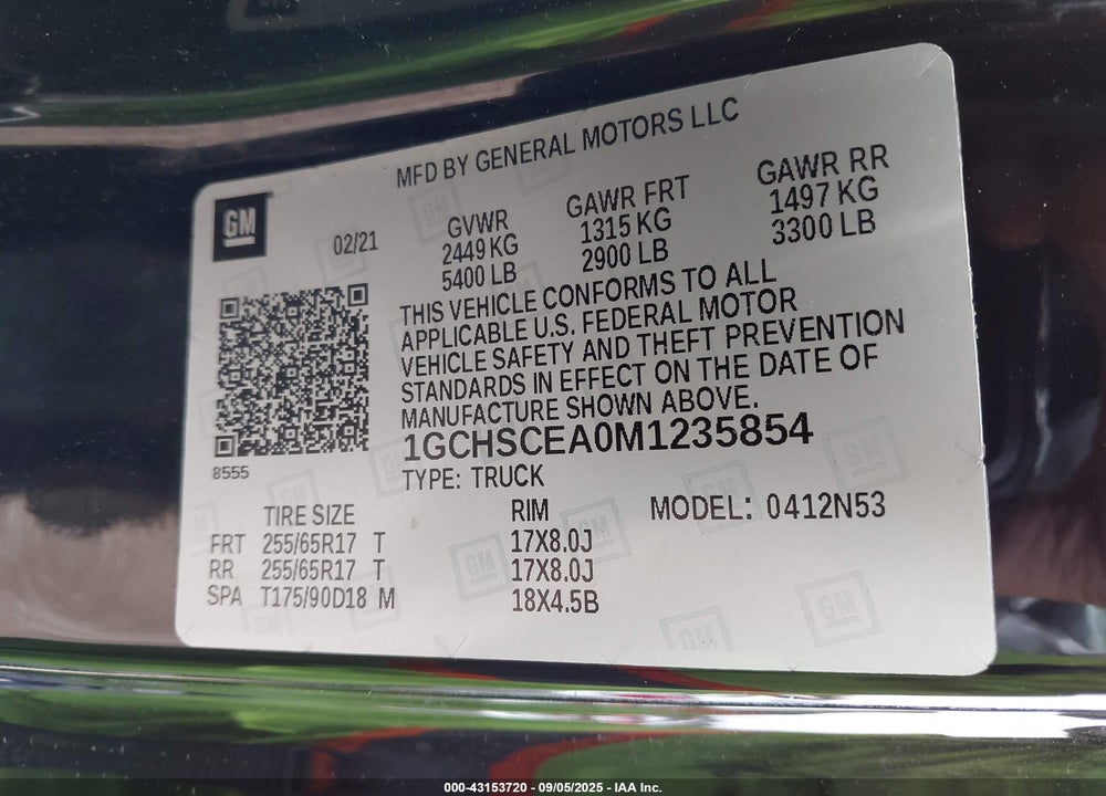 2021 CHEVROLET COLORADO VIN: 1GCHSCEA0M1235854