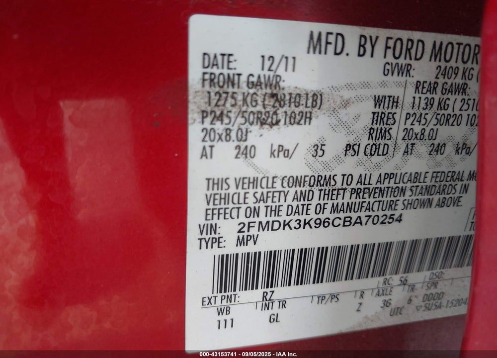 2012 FORD EDGE VIN: 2FMDK3K96CBA70254