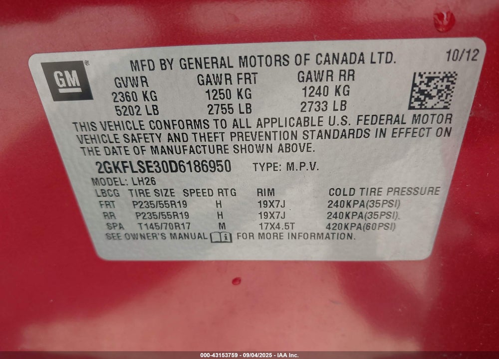 2013 GMC TERRAIN VIN: 2GKFLSE30D6186950