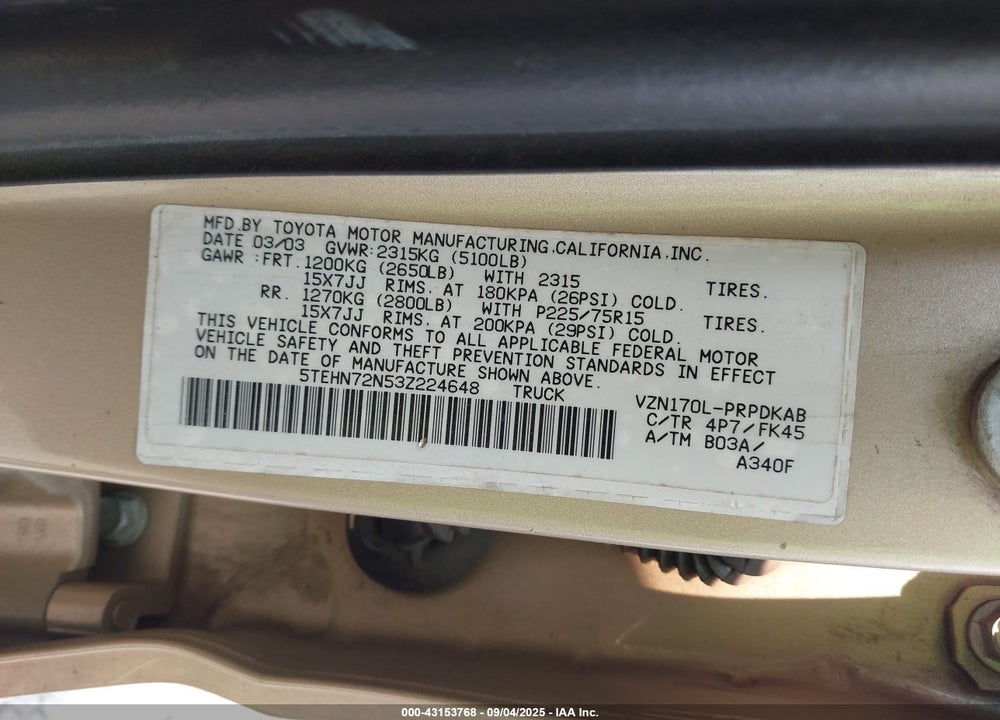 2003 TOYOTA TACOMA BASE V6 VIN: 5TEHN72N53Z224648