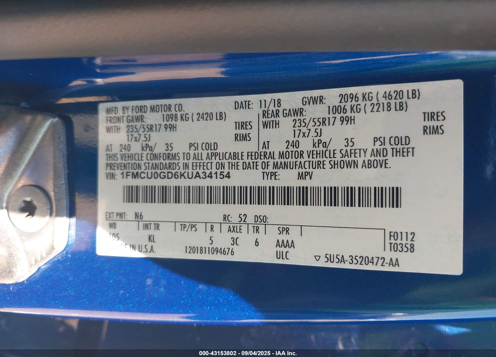 2019 FORD ESCAPE VIN: 1FMCU0GD6KUA34154