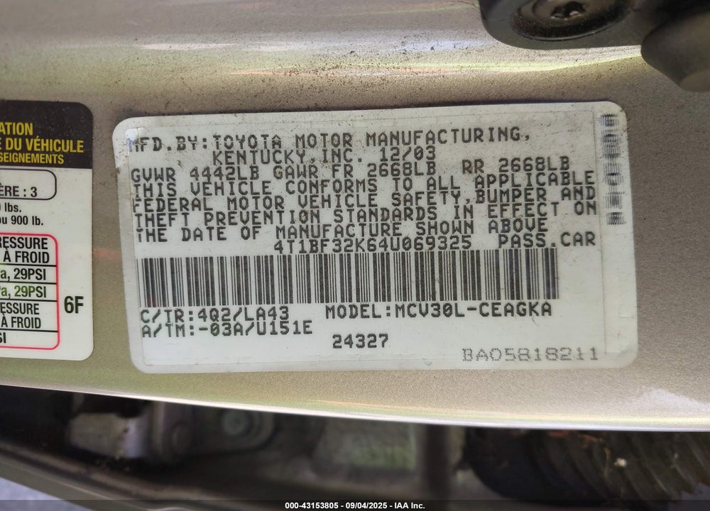 2004 TOYOTA CAMRY XLE V6 VIN: 4T1BF32K64U069325