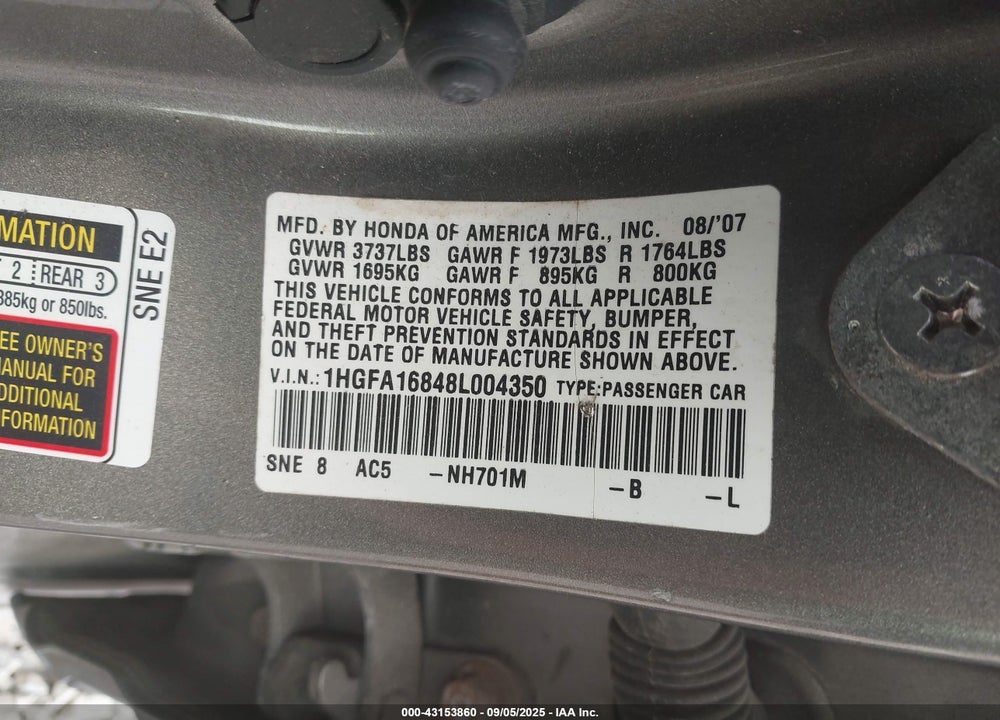 2008 HONDA CIVIC EX VIN: 1HGFA16848L004350