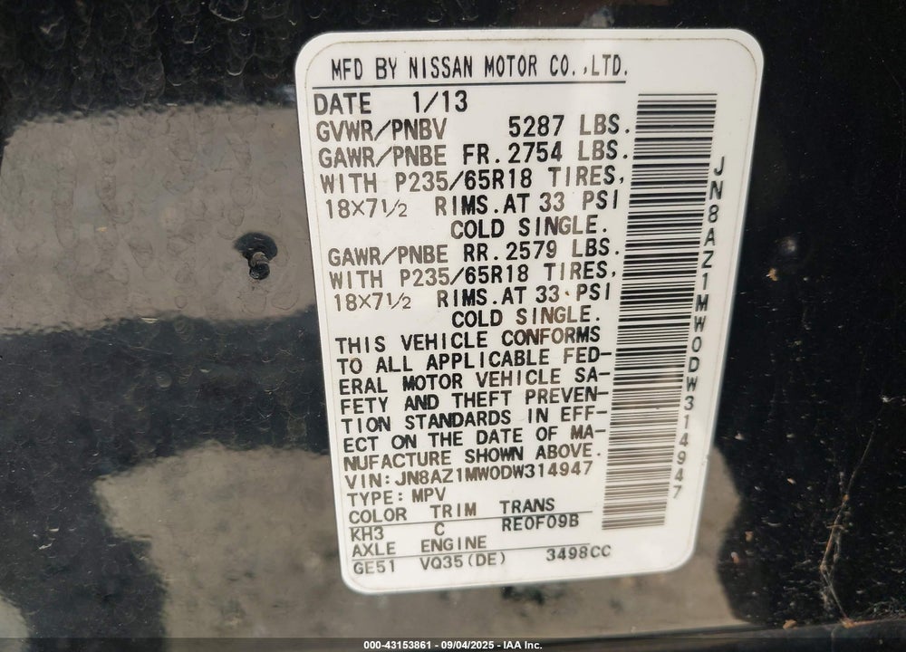 2013 NISSAN MURANO SV VIN: JN8AZ1MW0DW314947