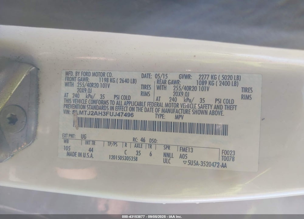 2015 LINCOLN MKC VIN: 5LMTJ2AH3FUJ47496