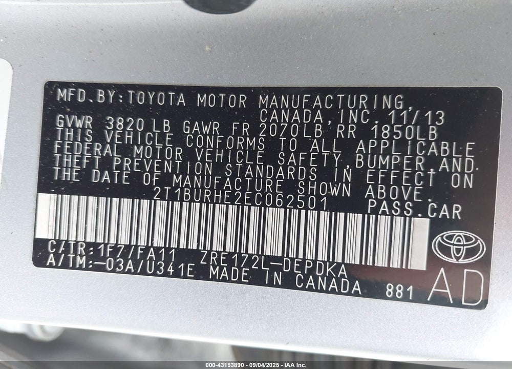 2014 TOYOTA COROLLA L VIN: 2T1BURHE2EC062501