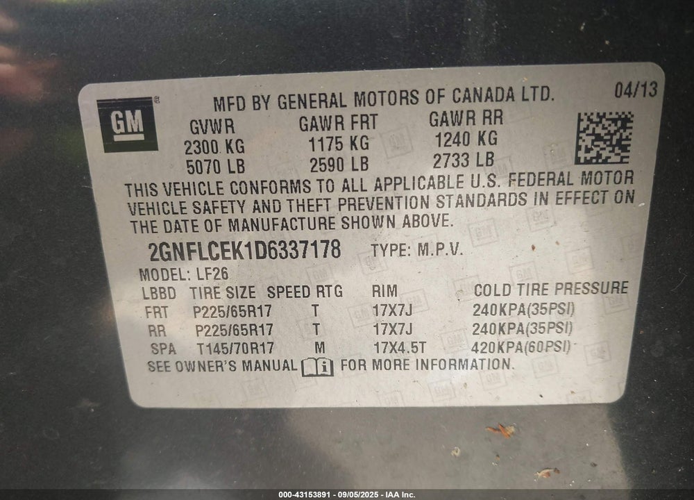 2013 CHEVROLET EQUINOX VIN: 2GNFLCEK1D6337178