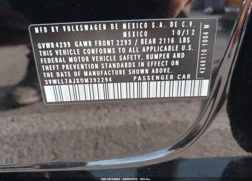 2013 VOLKSWAGEN JETTA VIN: 3VWLL7AJXDM392294