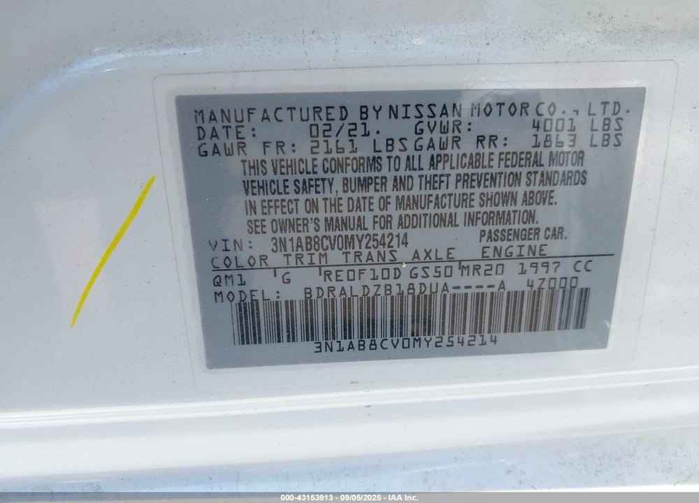 2021 NISSAN SENTRA VIN: 3N1AB8CV0MY254214