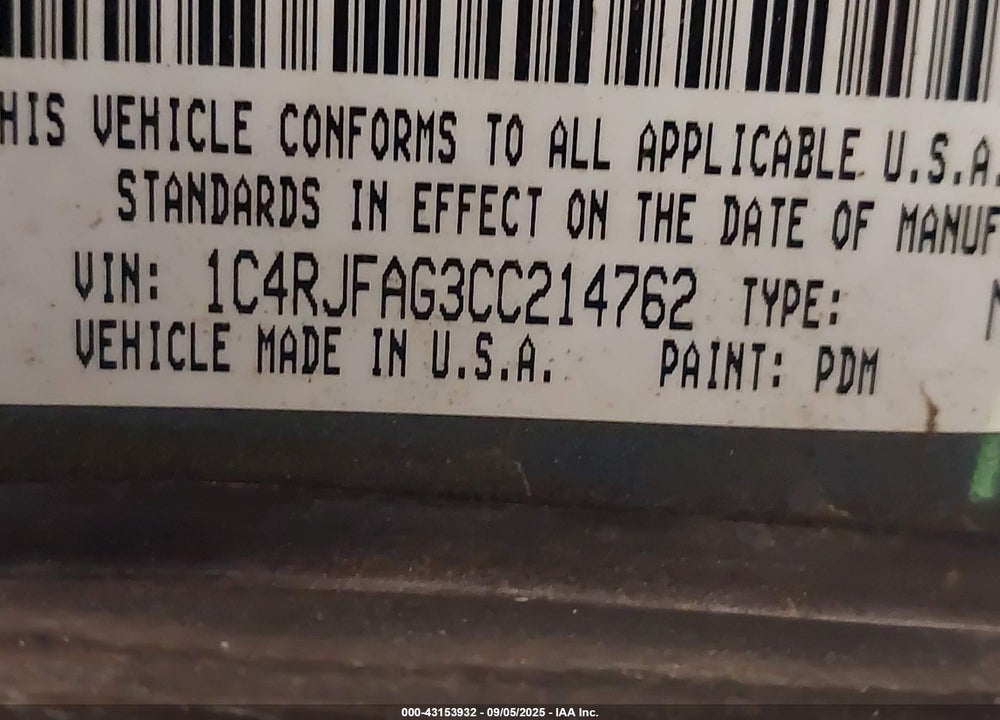 2012 JEEP GRAND CHEROKEE VIN: 1C4RJFAG3CC214762