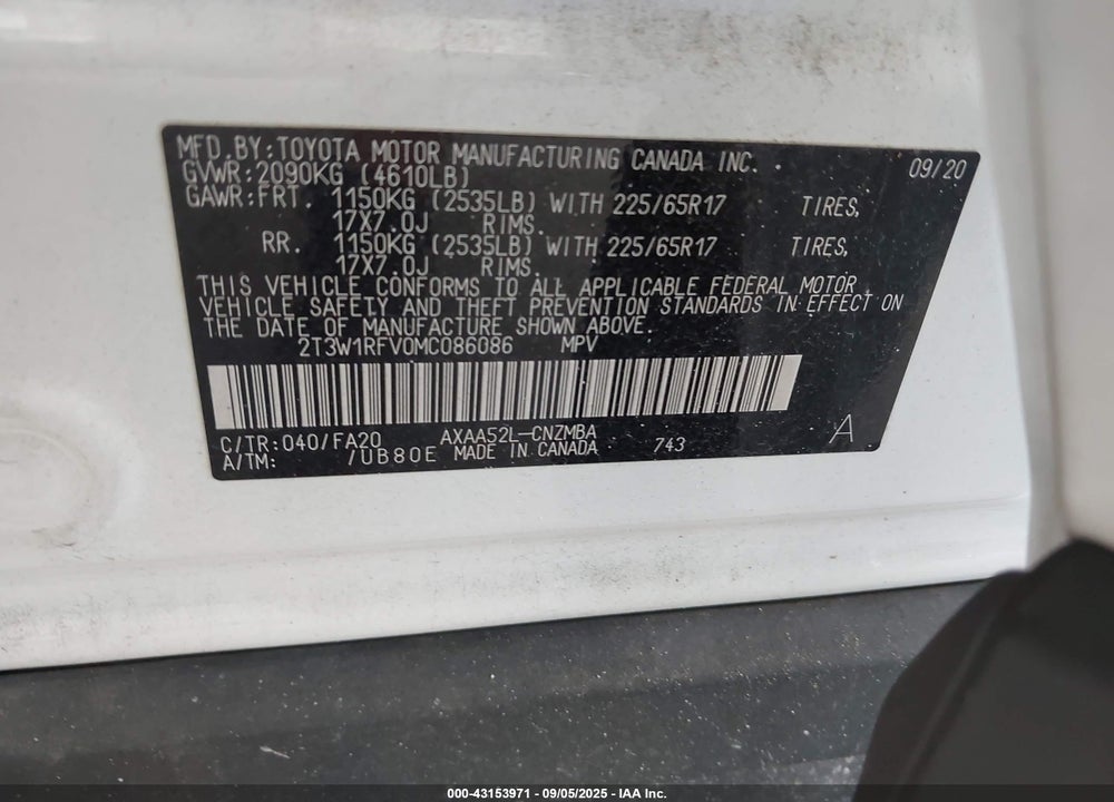 2021 TOYOTA RAV4 VIN: 2T3W1RFV0MC086086