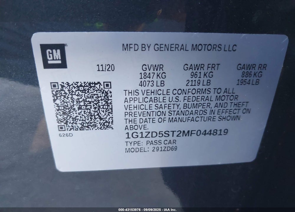 2021 CHEVROLET MALIBU VIN: 1G1ZD5ST2MF044819