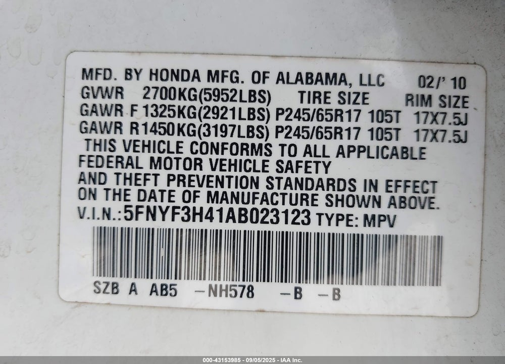 2010 HONDA PILOT VIN: 5FNYF3H41AB023123