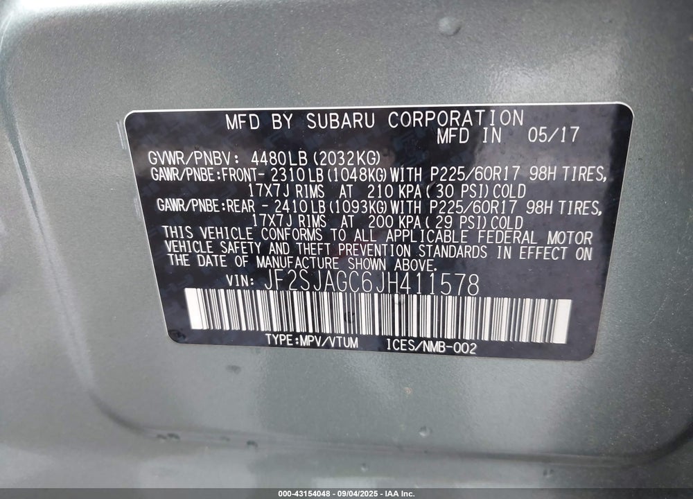 2018 SUBARU FORESTER VIN: JF2SJAGC6JH411578