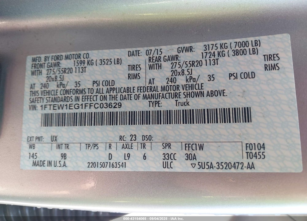 2015 FORD F-150 VIN: 1FTEW1EG1FFC03629