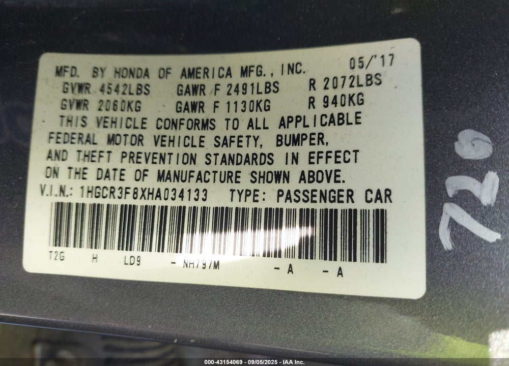2017 HONDA ACCORD VIN: 1HGCR3F8XHA034133