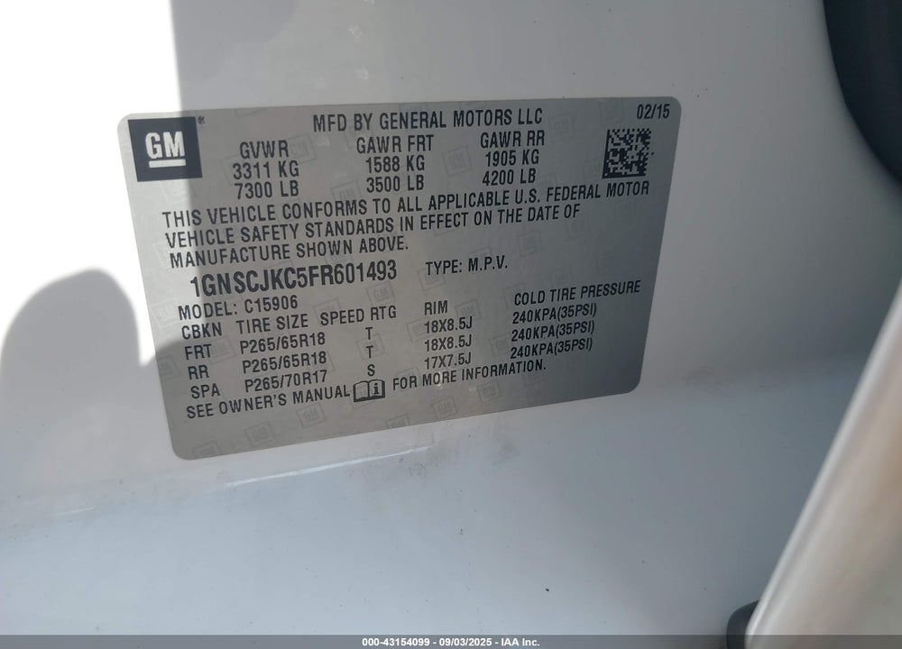 2015 CHEVROLET SUBURBAN 1500 LT VIN: 1GNSCJKC5FR601493