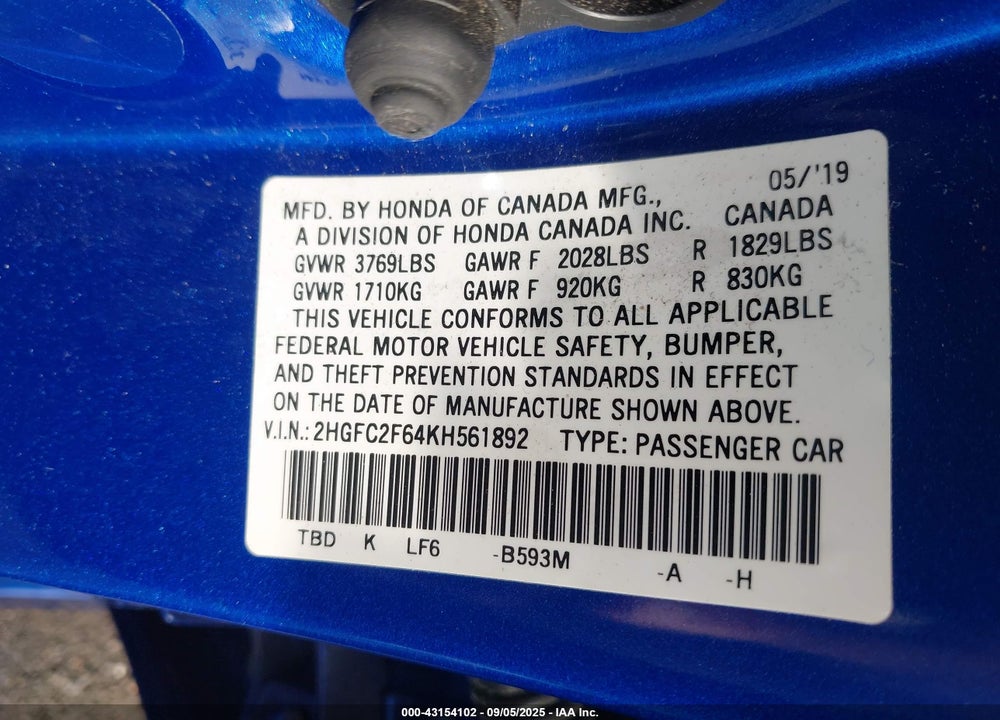 2019 HONDA CIVIC VIN: 2HGFC2F64KH561892