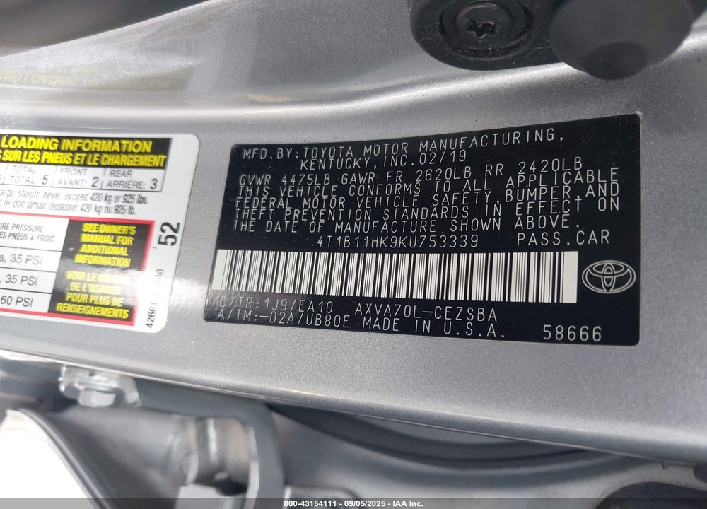 2019 TOYOTA CAMRY VIN: 4T1B11HK9KU753339