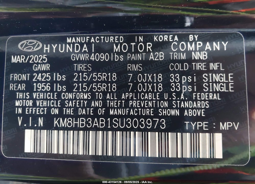 2025 HYUNDAI KONA VIN: KM8HB3AB1SU303973