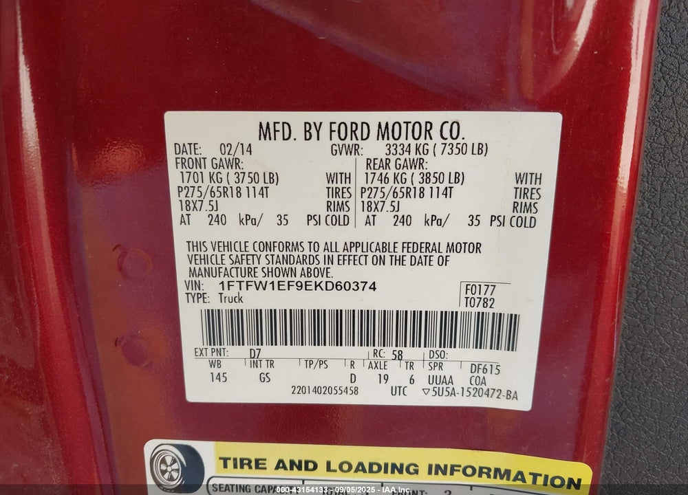 2014 FORD F-150 VIN: 1FTFW1EF9EKD60374