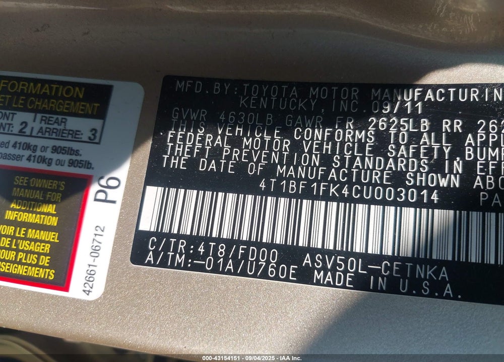 2012 TOYOTA CAMRY VIN: 4T1BF1FK4CU003014