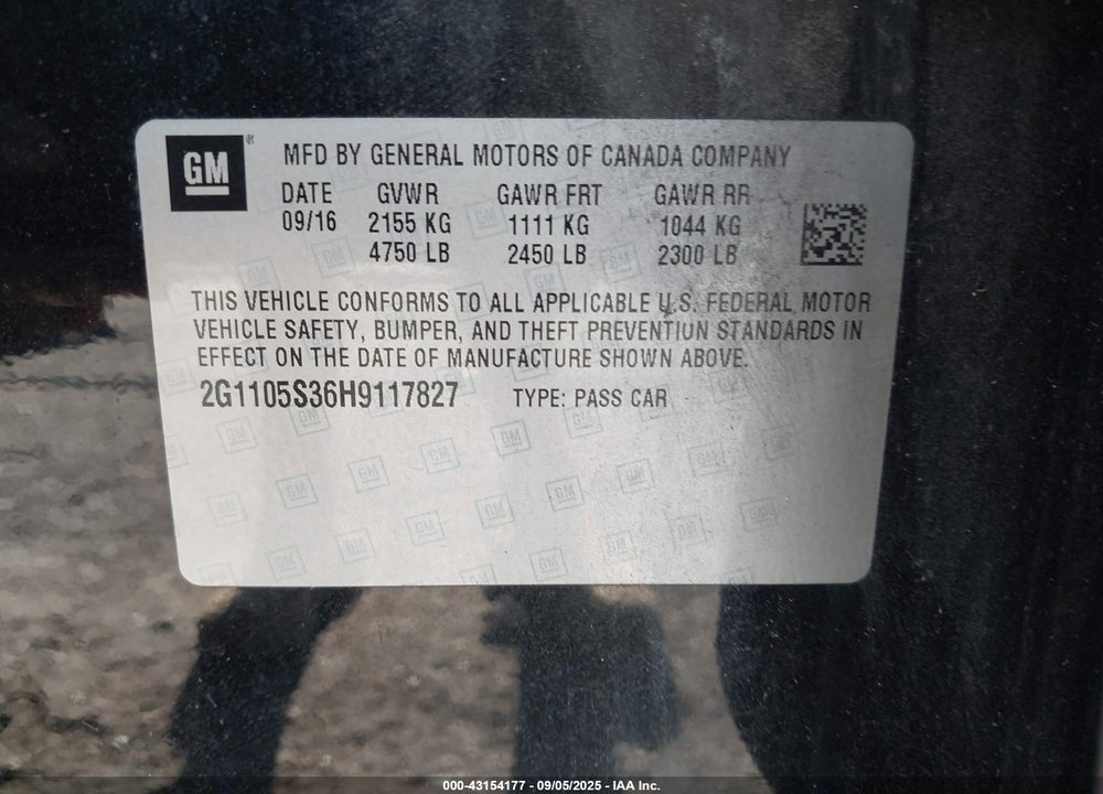 2017 CHEVROLET IMPALA VIN: 2G1105S36H9117827