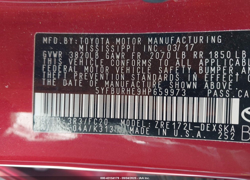 2017 TOYOTA COROLLA VIN: 5YFBURHE9HP659973
