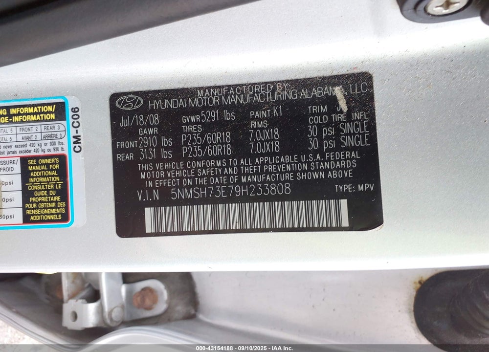 2009 HYUNDAI SANTA FE VIN: 5NMSH73E79H233808