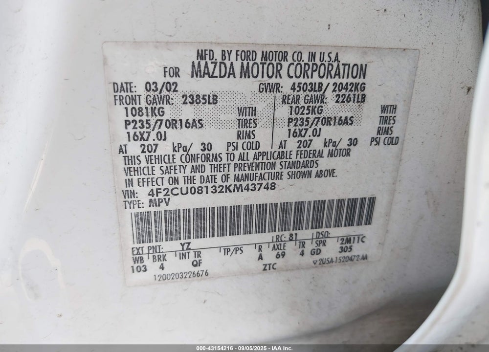 2002 MAZDA TRIBUTE ES V6/LX V6 VIN: 4F2CU08132KM43748