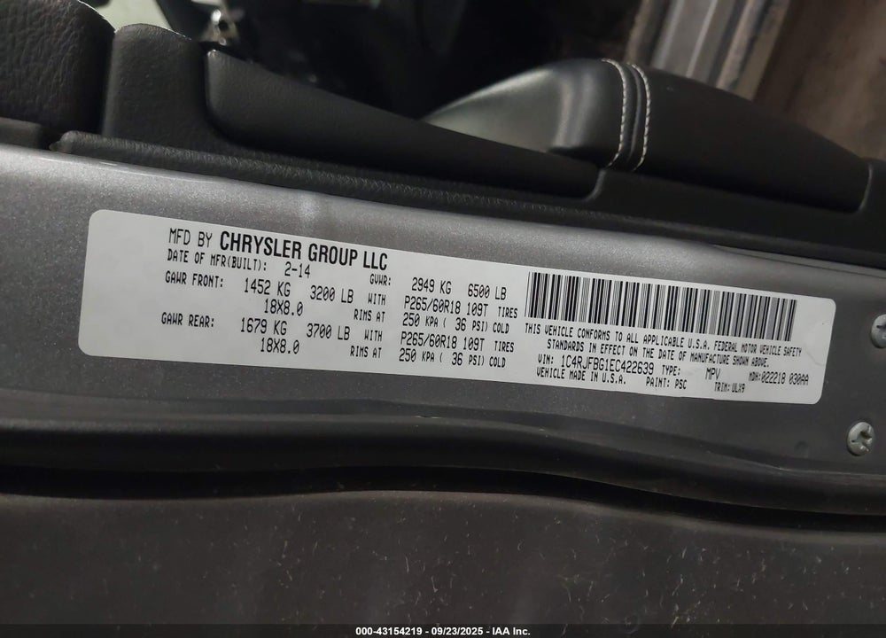 2014 JEEP GRAND CHEROKEE LIMITED VIN: 1C4RJFBG1EC422639