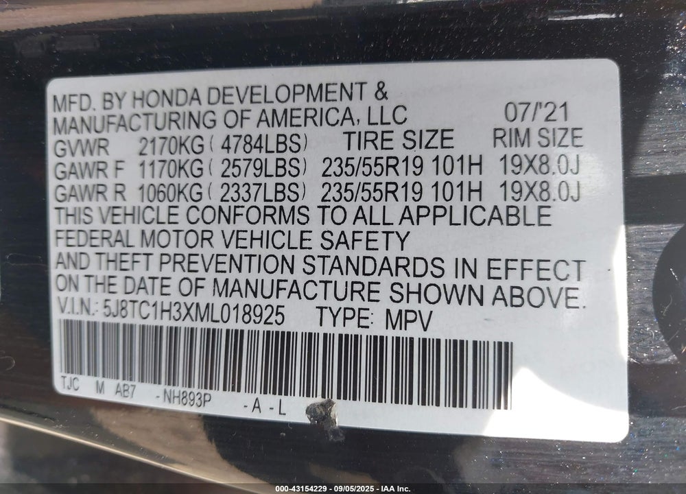 2021 ACURA RDX VIN: 5J8TC1H3XML018925