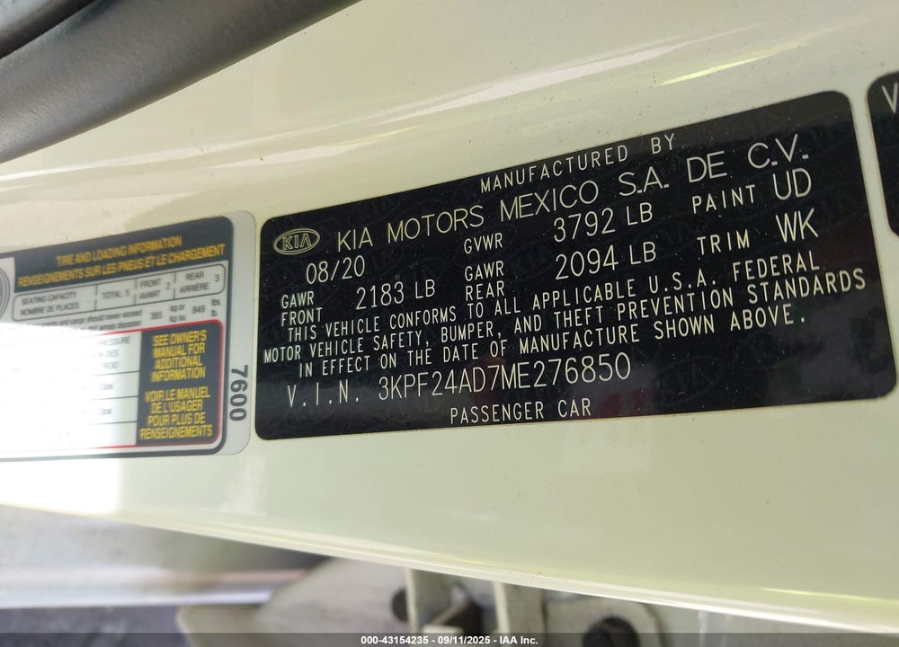 2021 KIA FORTE FE VIN: 3KPF24AD7ME276850