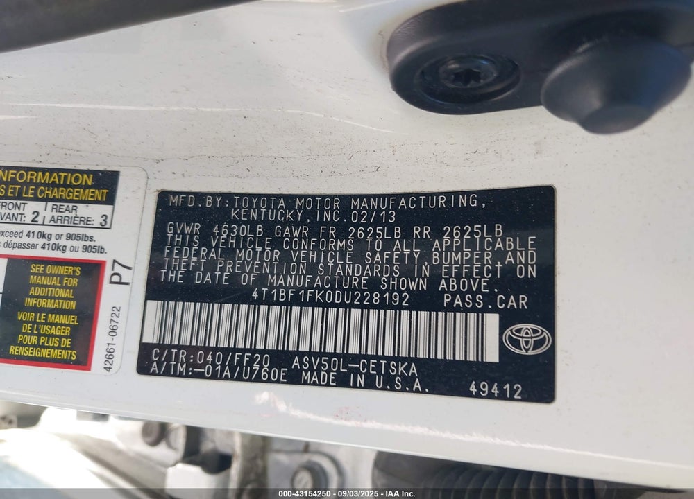 2013 TOYOTA CAMRY SE VIN: 4T1BF1FK0DU228192