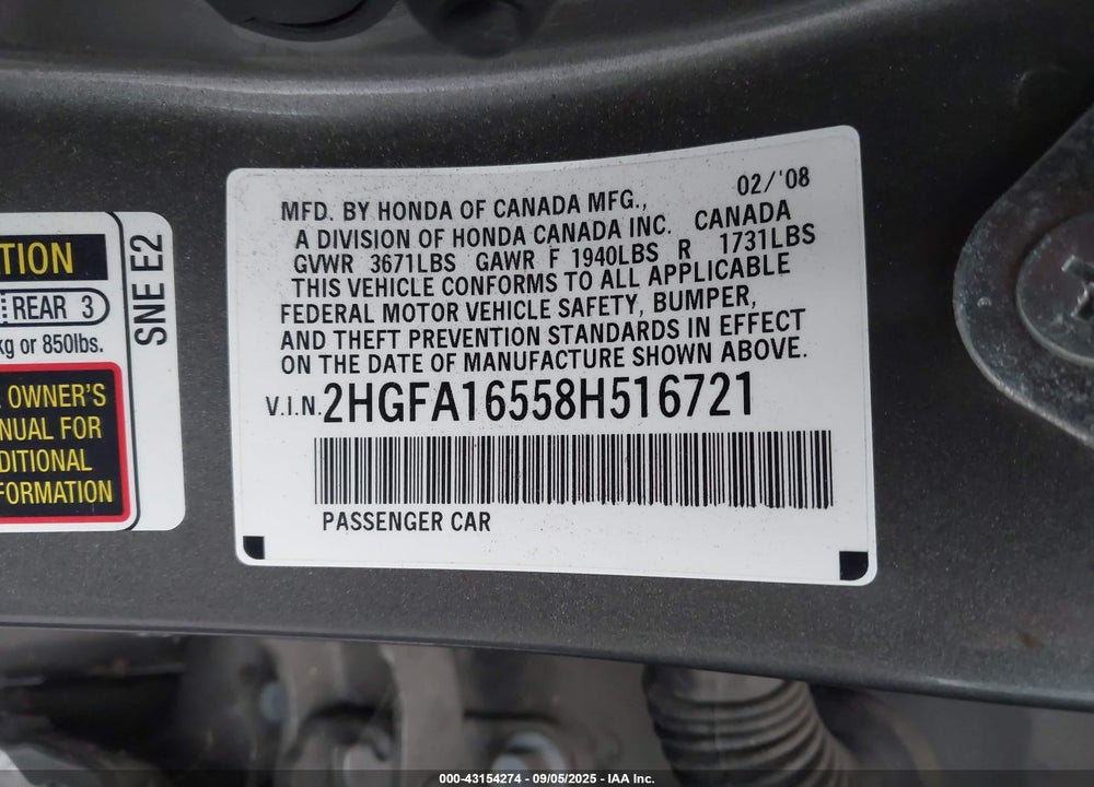 2008 HONDA CIVIC LX VIN: 2HGFA16558H516721