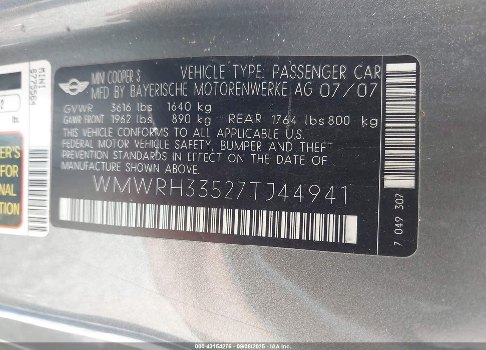 2007 MINI COOPER VIN: WMWRH33527TJ44941