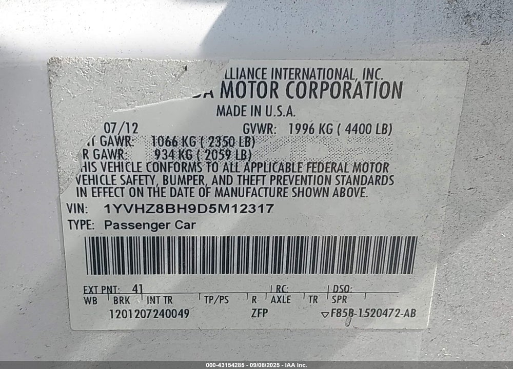 2013 MAZDA 6 VIN: 1YVHZ8BH9D5M12317